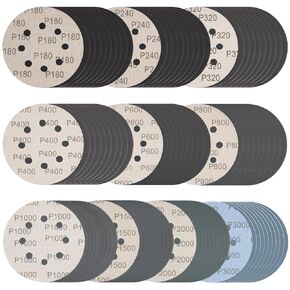140 Pcs 5 Inch Wet Dry Sanding Discs Hook and Loop 8 Holes Sandpaper 400/600/800/1000/1500/2000/3000 Assortment Grits with Interface Pad for Orbital Sander Automotive Wood Plastic Metal Polishing