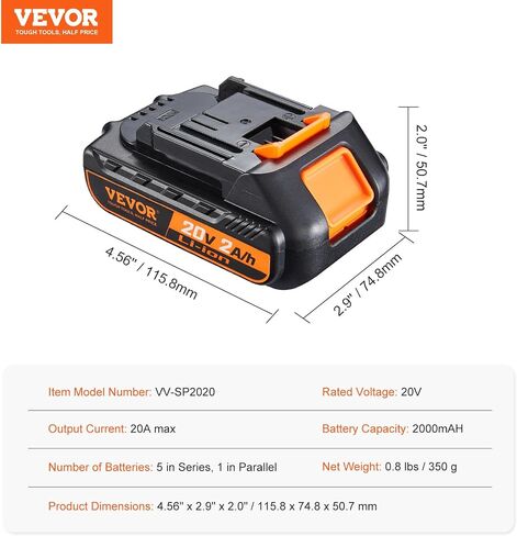 VEVOR 20V 2.0Ah Lithium-Ion Battery - High-Capacity Replacement Battery Pack for Power Tools Batteries, Compatible with 20V Cordless Power Tools in Saudi Arabia