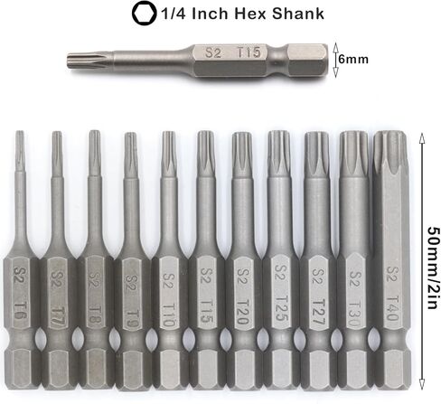 مجموعة لقم مفك توركس، T6، T7، T8، T9، T10، T15، T20، T25، T27، T30، T40، ساق سداسية 1/4 بوصة S2 مصنوعة من خليط معدني بطول 2 بوصة، 11 قطعة in Kuwait