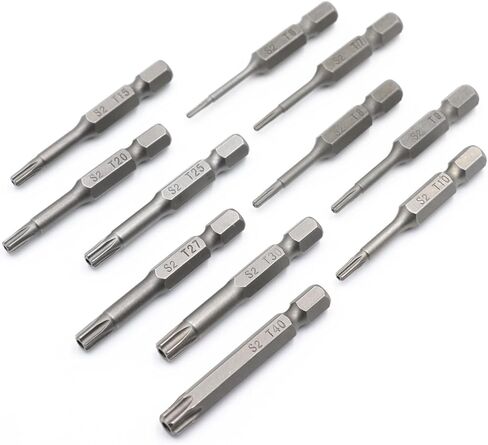 مجموعة لقم مفك توركس، T6، T7، T8، T9، T10، T15، T20، T25، T27، T30، T40، ساق سداسية 1/4 بوصة S2 مصنوعة من خليط معدني بطول 2 بوصة، 11 قطعة in Kuwait