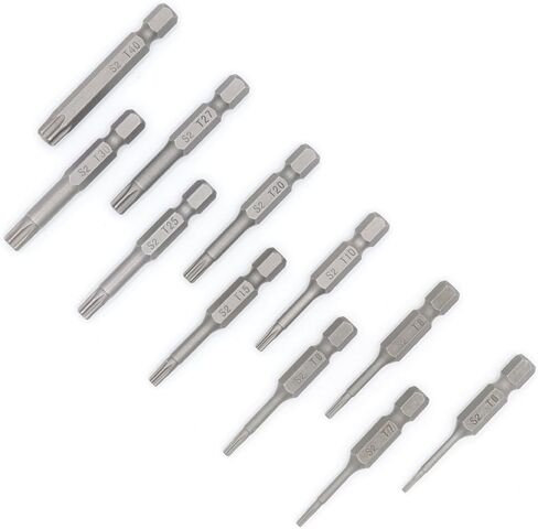 مجموعة لقم مفك توركس، T6، T7، T8، T9، T10، T15، T20، T25، T27، T30، T40، ساق سداسية 1/4 بوصة S2 مصنوعة من خليط معدني بطول 2 بوصة، 11 قطعة in Kuwait