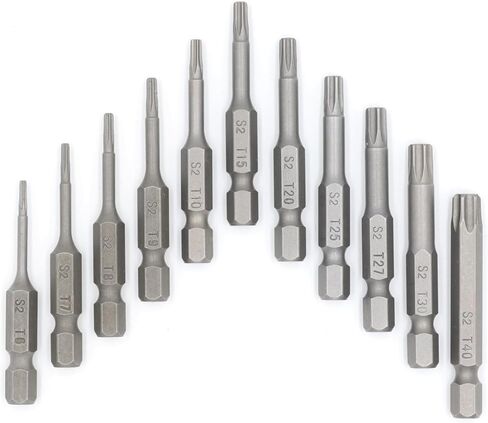 مجموعة لقم مفك توركس، T6، T7، T8، T9، T10، T15، T20، T25، T27، T30، T40، ساق سداسية 1/4 بوصة S2 مصنوعة من خليط معدني بطول 2 بوصة، 11 قطعة in Kuwait