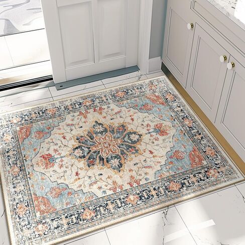 5x7 Area Rugs 5x7, Washable Rug, Non-Slip, Rugs for Living Room, Kitchen Rugs, Rugs for Bedroom Entryway Rug, Vintage Rugs Boho Floral Medallion, Low Pile, Soft, Teal Green Lake Bluee in Saudi Arabia