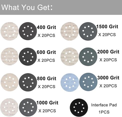 140 Pcs 5 Inch Wet Dry Sanding Discs Hook and Loop 8 Holes Sandpaper 400/600/800/1000/1500/2000/3000 Assortment Grits with Interface Pad for Orbital Sander Automotive Wood Plastic Metal Polishing in Saudi Arabia