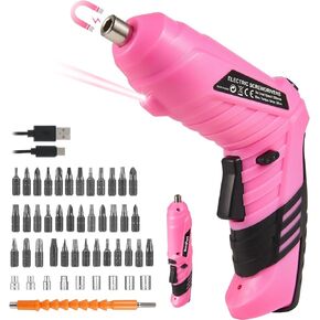 Pink Cordless Electric Screwdriver Set, 3.7V Mini Rechargeable Electric Screwdriver Kit with 48pcs Accessories, Small 3Nm Screw Gun with 2 Position Handle, Flexible Shaft LED Light for Women