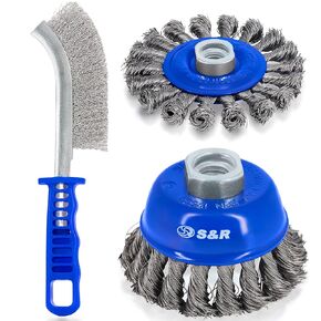 S&R Wire Brush Set - 3-Piece Set for Angle Grinders - 1x Round Brush - 1x Cup Brush - 1x Scratch Brush