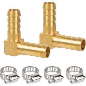 5/8" Hose Barb Elbow 90 Degree, Brass Barb Fitting for Fuel, Air, Oil, 4 Clamps Included (2-Pack)