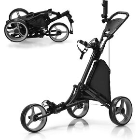 Tangkula Golf Push Pull Cart, Lightweight Aluminum Collapsible 3 Wheels Golf Push Cart, Golf Trolley with Elastic Strap, Umbrella & Cup Holder, Scoreboard Storage & Foot Brake, Golf Cart