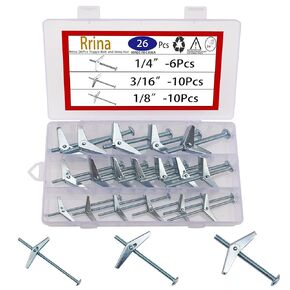26Pcs Toggle Bolt and Wing Nut Assortment Kit for Hanging Heavy Items on Drywall 1/8 Inch 3/16Inch 1/4Inch