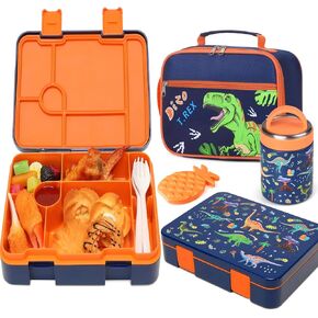 Bevalsa Kids Bento Lunch Box with 6 Compartment, Stainless Steel Termos Hot Food Jar, Insulated Bag, Ice Pack & Utensils, BPA-Free Leakproof Food Container for School Boys Girls (Dinosaur)