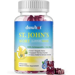 St John's Wort Gummies 600mg, with Ashwagandha & Holy Basil Extract for Adults & Kids, 3 in 1 Organic Herbal Supplements for Stress Relief, Nervous System Support, Non-GMO, Vegan, 60 ct.