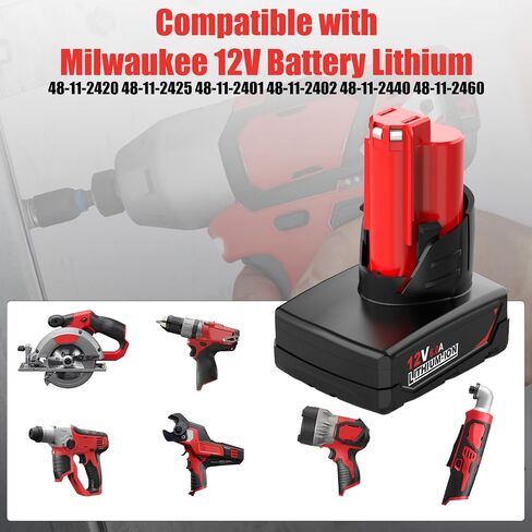 2 Pack 6000mAh Replacement for Milwaukee 12V Battery Lithium Compatible with Milwaukee 12 Volt Battery 48-11-2430 48-11-2420 48-11-2425 48-11-2401 48-11-2402 48-11-2440 48-11-2460 Tools (Red) in Saudi Arabia