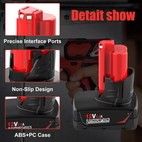 2 Pack 6000mAh Replacement for Milwaukee 12V Battery Lithium Compatible with Milwaukee 12 Volt Battery 48-11-2430 48-11-2420 48-11-2425 48-11-2401 48-11-2402 48-11-2440 48-11-2460 Tools (Red) in Saudi Arabia
