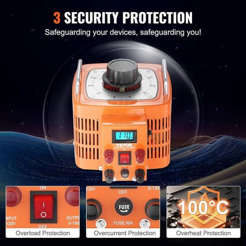 VEVOR 3000VA محول جهد كهربائي متغير تلقائي، 23 أمبير، 110 فولت مدخل 0-130 فولت مخرج تيار متردد، مع شاشة LCD 4 صمامات إضافية للتحكم الحراري للمكتب الصناعي المنزلي in Saudi Arabia