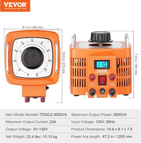 VEVOR 3000VA محول جهد كهربائي متغير تلقائي، 23 أمبير، 110 فولت مدخل 0-130 فولت مخرج تيار متردد، مع شاشة LCD 4 صمامات إضافية للتحكم الحراري للمكتب الصناعي المنزلي in Saudi Arabia