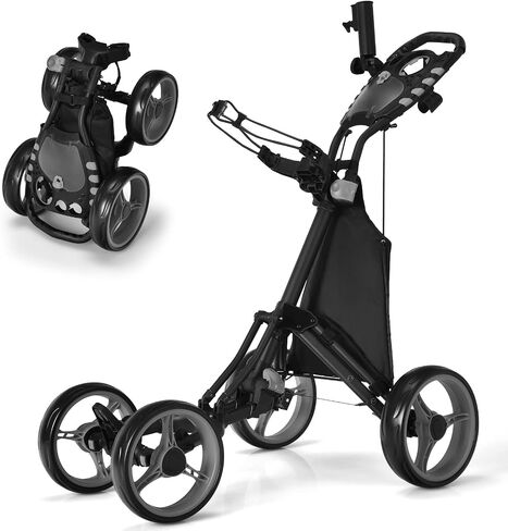 Tangkula Golf Push Pull Cart, Lightweight Aluminum Collapsible 4 Wheels Golf Push Cart, Golf Trolley with Foot Brake, Free Cup Holder & Umbrella Holder, Height-Adjustable Handle in Saudi Arabia