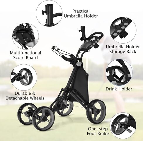 Tangkula Golf Push Pull Cart, Lightweight Aluminum Collapsible 4 Wheels Golf Push Cart, Golf Trolley with Foot Brake, Free Cup Holder & Umbrella Holder, Height-Adjustable Handle in Saudi Arabia