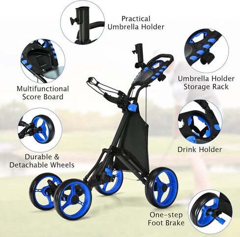Tangkula Golf Push Pull Cart, Lightweight Aluminum Collapsible 4 Wheels Golf Push Cart, Golf Trolley with Foot Brake, Free Cup Holder & Umbrella Holder, Height-Adjustable Handle in Saudi Arabia