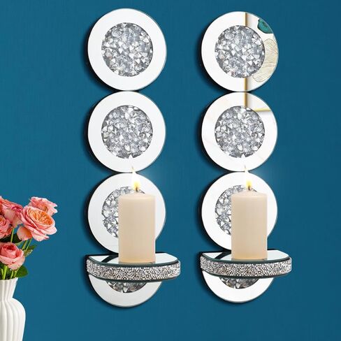 شمعدانات شموع عاكسة من كريستال كراش دايموند، مجموعة حامل شموع فضية اللون مكونة من قطعتين، ديكورات جدارية لغرفة المعيشة، غرفة الطعام (دائرية) in Kuwait