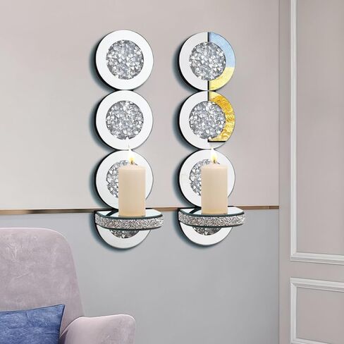 شمعدانات شموع عاكسة من كريستال كراش دايموند، مجموعة حامل شموع فضية اللون مكونة من قطعتين، ديكورات جدارية لغرفة المعيشة، غرفة الطعام (دائرية) in Kuwait