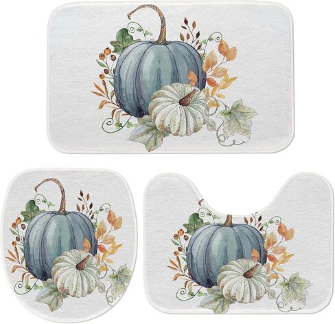 3 Pcs Farmhouse Bathroom Rug Set Pumpkin Maple Leaves Bathroom Sets with Non Slip Contour Rug Oblong Toilet Lid Cover Washable Bathroom Rug Rustic Decor Country Bathtub Bathroom Accessories Fall Decor in Saudi Arabia