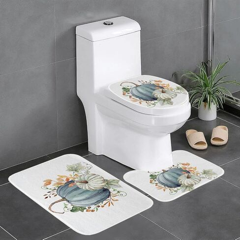 3 Pcs Farmhouse Bathroom Rug Set Pumpkin Maple Leaves Bathroom Sets with Non Slip Contour Rug Oblong Toilet Lid Cover Washable Bathroom Rug Rustic Decor Country Bathtub Bathroom Accessories Fall Decor in Saudi Arabia