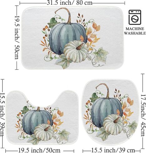 3 Pcs Farmhouse Bathroom Rug Set Pumpkin Maple Leaves Bathroom Sets with Non Slip Contour Rug Oblong Toilet Lid Cover Washable Bathroom Rug Rustic Decor Country Bathtub Bathroom Accessories Fall Decor in Saudi Arabia