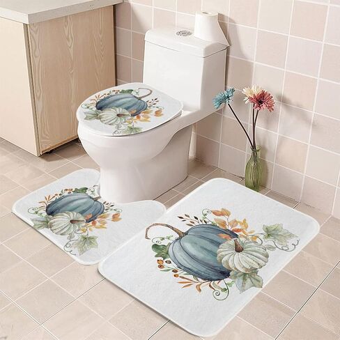 3 Pcs Farmhouse Bathroom Rug Set Pumpkin Maple Leaves Bathroom Sets with Non Slip Contour Rug Oblong Toilet Lid Cover Washable Bathroom Rug Rustic Decor Country Bathtub Bathroom Accessories Fall Decor in Saudi Arabia