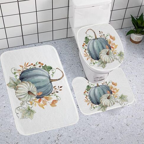 3 Pcs Farmhouse Bathroom Rug Set Pumpkin Maple Leaves Bathroom Sets with Non Slip Contour Rug Oblong Toilet Lid Cover Washable Bathroom Rug Rustic Decor Country Bathtub Bathroom Accessories Fall Decor in Saudi Arabia