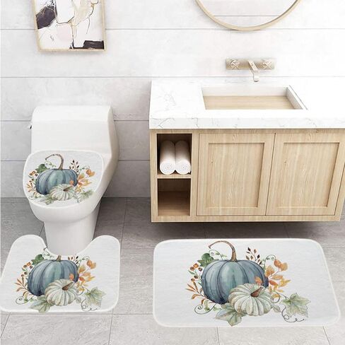 3 Pcs Farmhouse Bathroom Rug Set Pumpkin Maple Leaves Bathroom Sets with Non Slip Contour Rug Oblong Toilet Lid Cover Washable Bathroom Rug Rustic Decor Country Bathtub Bathroom Accessories Fall Decor in Saudi Arabia
