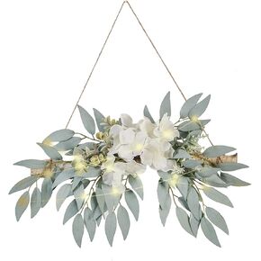 Artificial Eucalyptus Wall Decor Flower Swag, Farmhouse Hanging Fake Eucalyptus Leaves Greenery Garland with Hydrangea, Handmade Floral Swag Garland Wall Decor for Wedding Door Wall Garden(white)