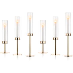 Nisorpa 6 Pcs Gold Glass Hurricane Candle Holder with Non-slip Back Cushion, Hurricane Glass Candle Holder for Wedding Home Banquet, 14'' 16.5'' 19''