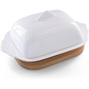 Butter Dish With Lid for Countertop, Ceramic Butter Dish Porcelain White Butter Keeper with Wood Pallet, Elegant Durable Butter Holder Tray for Kitchen Farmhouse Decor