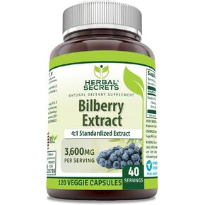 Herbal Secrets Bilberry Extract 3600 mg Per Serving | 4:1 Extract | Veggie Capsules Supplement | Non-GMO | Gluten Free (120)