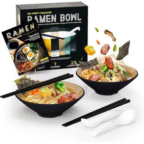Ramen Bowls Set of Plastic,2 Sets of 20oz Double-sided Color Matching Serving Bowls With Chopsticks and Spoons for Salad Cereal,Essential Dinnerware for New Apartments Suitable as Housewarming Gifts