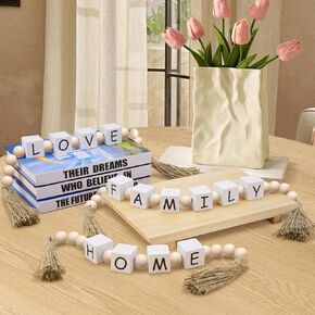 Set of 3 Wood HOME LOVE FAMILY Block Bead Garland with Tassels, Modern Farmhouse Rustic Wooden Letter Decorative Beaded Garland for Shelf, Tiered Tray, Coffee Tabletop, Mantel, Table Decor（Black)