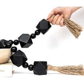 Extra Large Wood Bead Garland with 2" Diameter Geometric Wooden Beads, Wooden Beads Garland with Tassels, Decorative Beads for Boho, Farmhouse Decor (Black, 27 Inches)