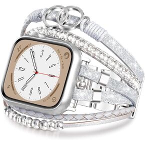 MOFREE Boho سوار جلدي متوافق مع سوار ساعة Apple 38 مم 40 مم 41 مم 42 مم 44 مم 45 مم للنساء، مصنوع يدويًا متعدد الطبقات ملفوف مطرز بحزام ساعة Apple لسلسلة iWatch 9 8 7 6 5 4 3 2 1 SE