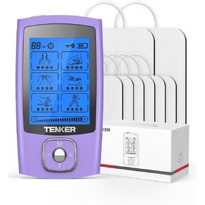 وحدة TENKER TENS لتحفيز العضلات، 24 وضعًا لآلة TENS EMS لعلاج تخفيف الألم / إدارة الألم، مدلك نبض إلكتروني قابل لإعادة الشحن مع وسادات قطب كهربائي لوحدة TENS 2 بوصة × 2 بوصة و2 بوصة × 4 بوصة