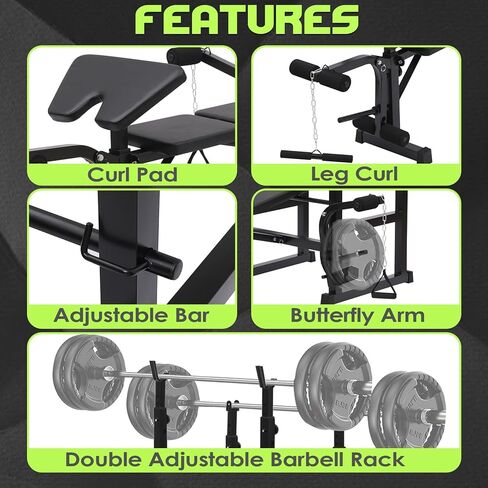 Adjustable Weight Bench, Olympic Weight Bench with Squat Rack for Home Gym, Multi-functional Weight Bench with Preacher Curl, Leg extension and Leg Curl for Full Body Workout in Kuwait