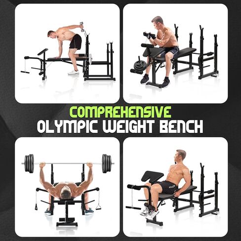 Adjustable Weight Bench, Olympic Weight Bench with Squat Rack for Home Gym, Multi-functional Weight Bench with Preacher Curl, Leg extension and Leg Curl for Full Body Workout in Kuwait