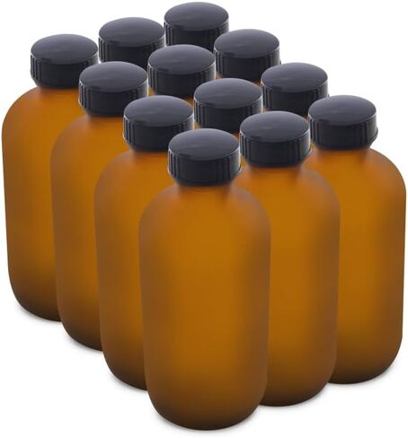 The Bottle Depot - 12 عبوة - زجاجات زجاجية بأغطية سعة 8 أونصة - عنبر متجمد - لمسة نهائية للرقبة 28-400 - زجاجات بوسطن المستديرة - حماية من الأشعة فوق البنفسجية in Saudi Arabia