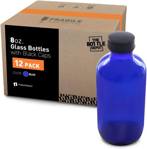 The Bottle Depot - 12 عبوة - زجاجات زجاجية بأغطية سعة 8 أونصة - عنبر متجمد - لمسة نهائية للرقبة 28-400 - زجاجات بوسطن المستديرة - حماية من الأشعة فوق البنفسجية in Saudi Arabia