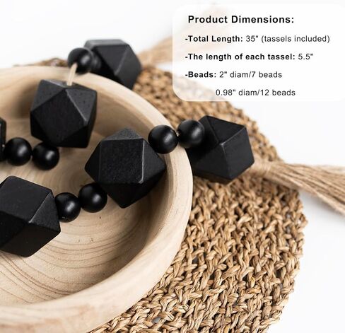 Extra Large Wood Bead Garland with 2" Diameter Geometric Wooden Beads, Wooden Beads Garland with Tassels, Decorative Beads for Boho, Farmhouse Decor (Black, 27 Inches) in Saudi Arabia