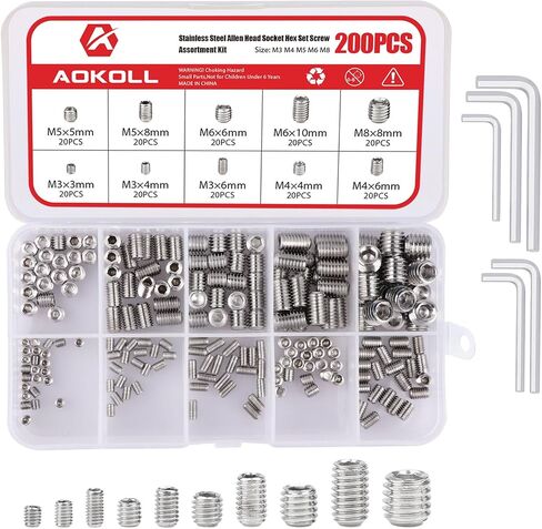 200pcs Stainless Steel Allen Head Grub Screws Socket Hex Set Screw Metric M3 M4 M5 M6 M8 Assortment Kit (Silver) in Saudi Arabia