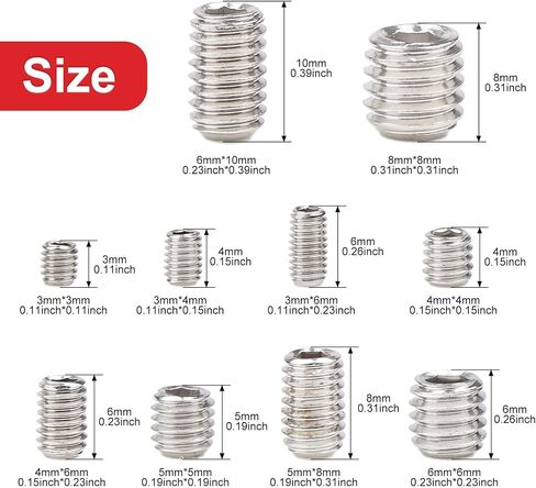 200pcs Stainless Steel Allen Head Grub Screws Socket Hex Set Screw Metric M3 M4 M5 M6 M8 Assortment Kit (Silver) in Saudi Arabia