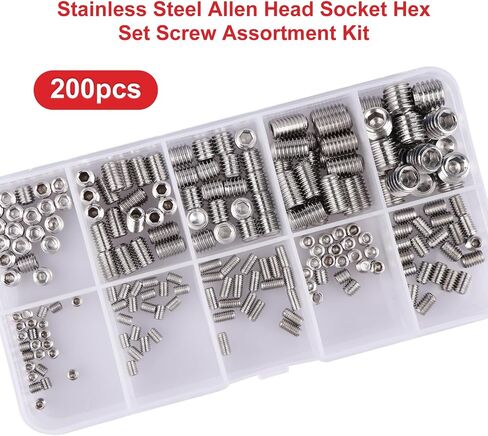 200pcs Stainless Steel Allen Head Grub Screws Socket Hex Set Screw Metric M3 M4 M5 M6 M8 Assortment Kit (Silver) in Saudi Arabia