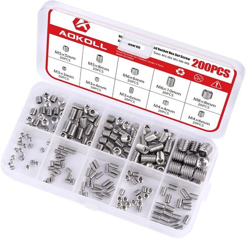200pcs Stainless Steel Allen Head Grub Screws Socket Hex Set Screw Metric M3 M4 M5 M6 M8 Assortment Kit (Silver) in Saudi Arabia