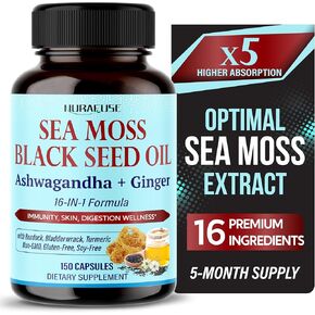 SEA Moss Black Seed Oil Ashwagandha Ginger 16-in-1 Formula - with Burdock, Bladderwrack, Turmeric Non-GMO, Gluten-Free, Soy-Free