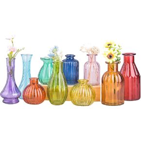 Eleganttime Bud Vases for Flowers,Glass Colored Bud Vase in Bulk Set of 10,Small Vintage Vase Bottle for Wedding Decorations,Garden and Home Decor,Centerpieces,Colorful Mexican Décor